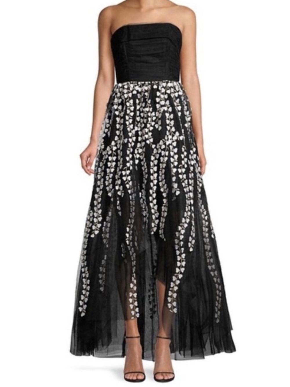 BCBGMAXAZRIA Black White Tulle Embroidered Poofy Strapless Gown Formal Dress 0